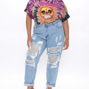 Light blue wash rhinestone boyfriend jeans.